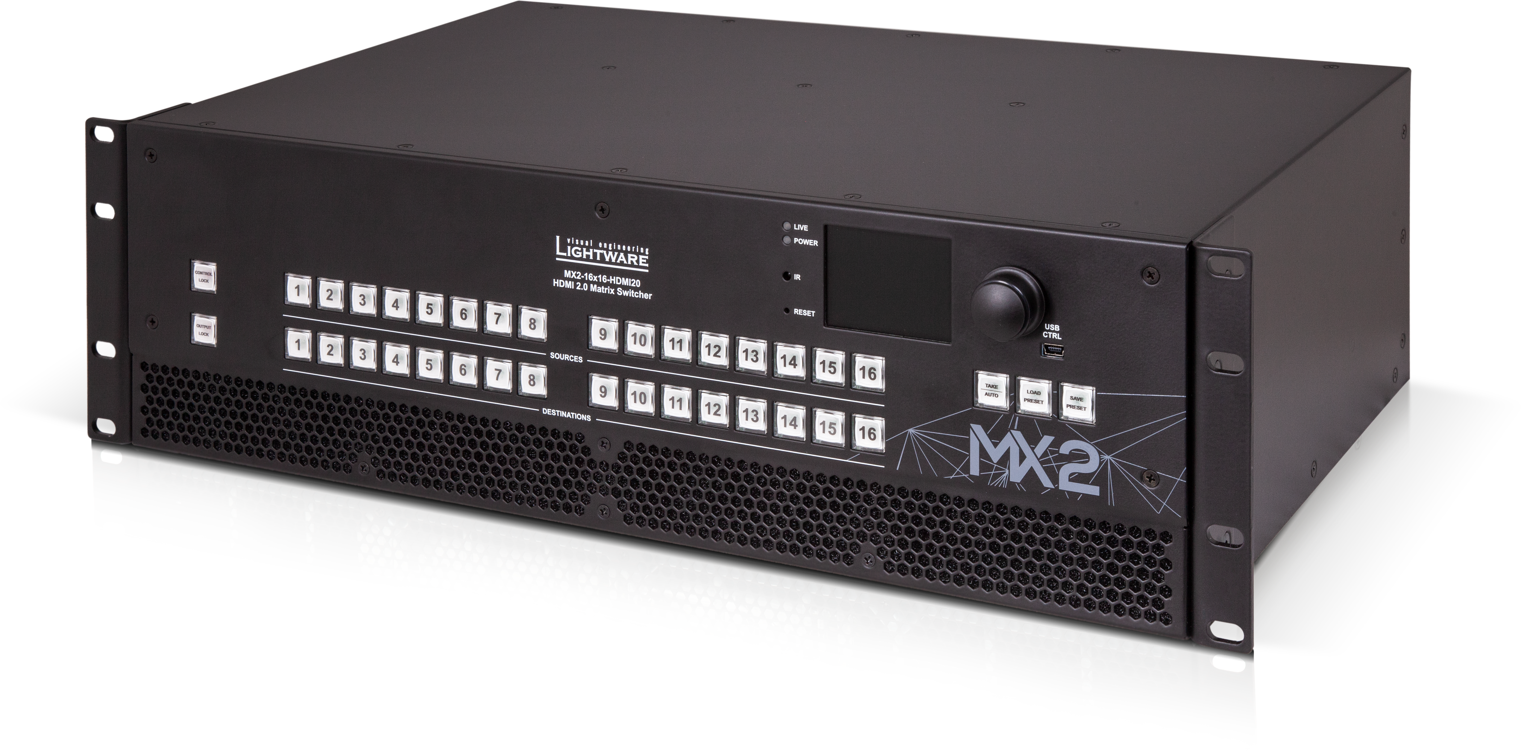 The MX2-16x16-HDMI20 is a member of the HDMI 2.0 standalone matrix switcher family supporting uncompromised 4K UHD resolution at 60Hz 4:4:4.
It has an outstanding port density that makes it particularly suitable for rental and fix install applications, as well as for future-proof operation centers. It is a perfect choice for installations where at most 16 HDMI 2.0 compliant input and output ports are required.
This standalone product has 16 HDMI 2.0 inputs and 16 HDMI 2.0 outputs transmitting up to 4K at 60Hz in 4:4:4 format, while supporting 3D, Dolby TrueHD and DTS-HD Master Audio.